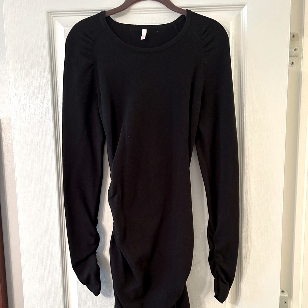 Moda international ruched side, long sleeve black dress